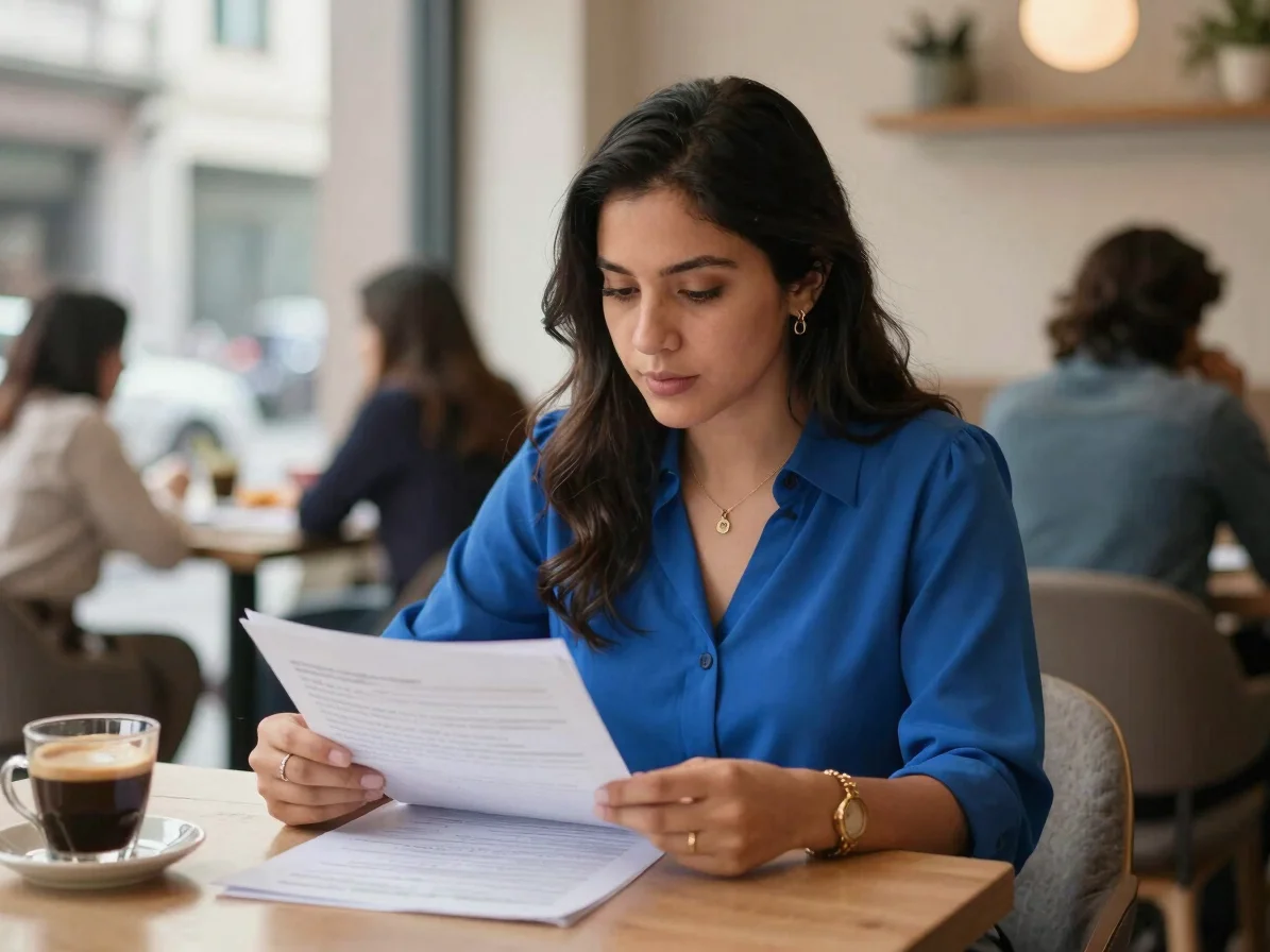 Joven profesional mexicana revisando documentos de planeación fin