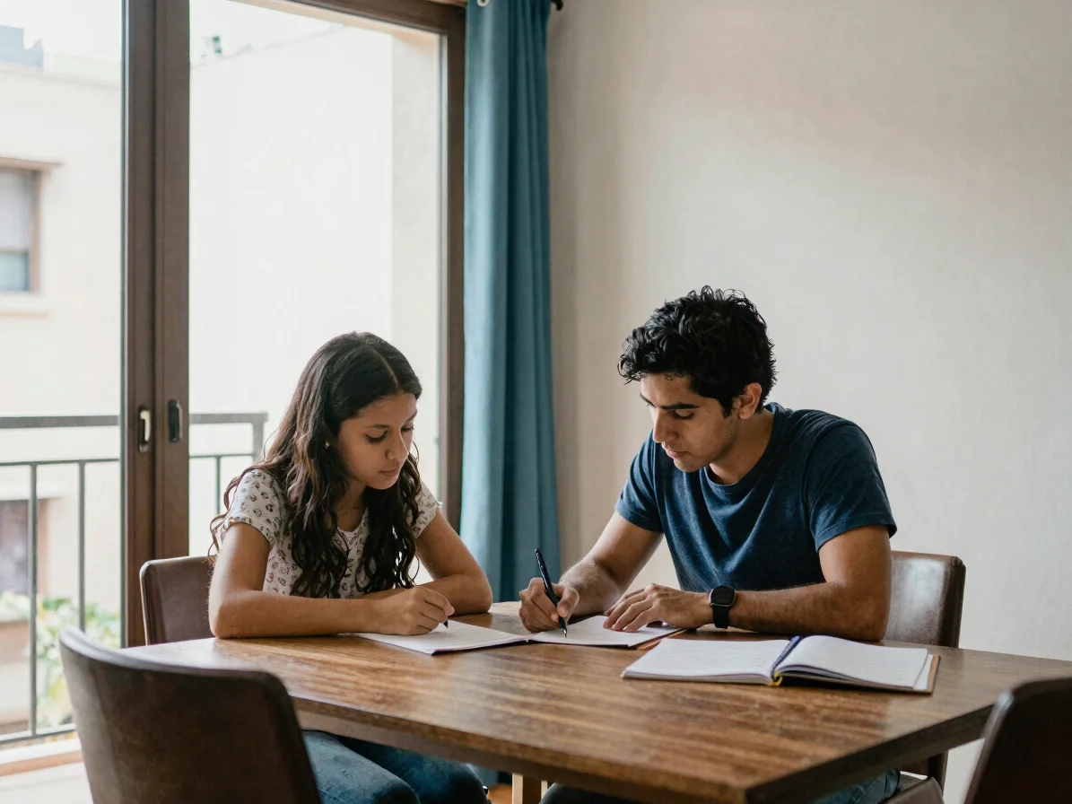 Pareja joven planeando el presupuesto familiar en una mesa junto