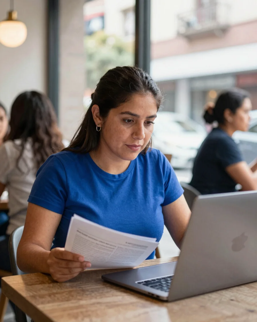 Profesionista mexicana de 30 años revisando documentos en una lap